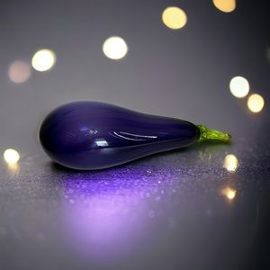 Hand Blown Glass Eggplant Signed Large 10”x 3” Purple Green Stem Horn of Plenty